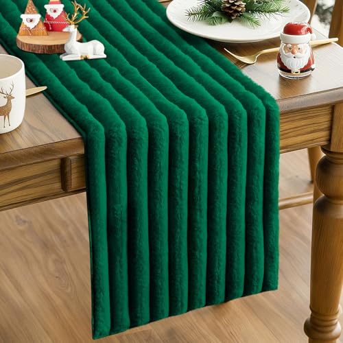 OTOSTAR Green Faux Rabbit Fur Christmas Table Runner 13x36 Inch for Holiday Decor