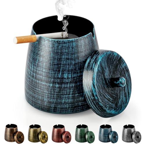 Windproof Outdoor Ashtray with Lid - Smokeless Metal Ash Tray for Patio