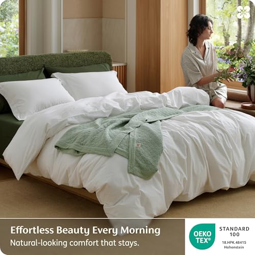 100% Washed Cotton Queen Duvet Cover Set - 3-Piece Linen-Like Texture