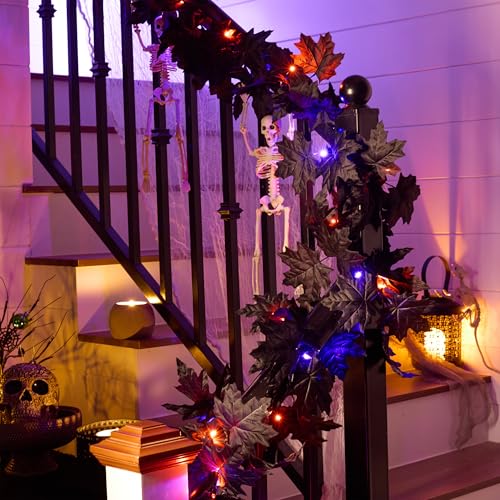 9ft Pre-Lit Black Maple Leaf Halloween Garland with Lights for Mantle