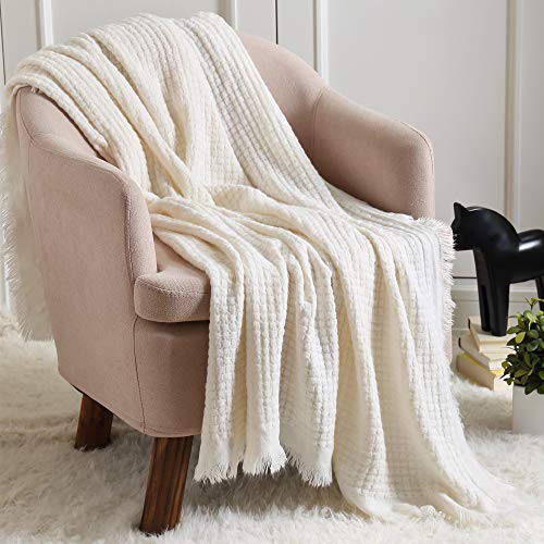 Boho Knitted Throw Blanket with Tassels, Soft Geometric Cream Throw 50x60