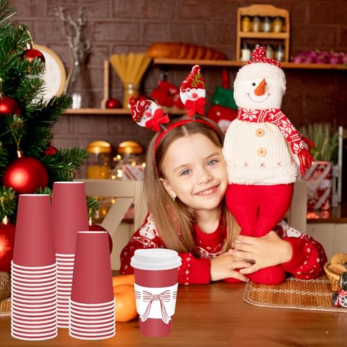50 Pack Christmas Red Coffee Cups with Lids & Bow Sleeves 16oz Disposable Holiday Drinkware