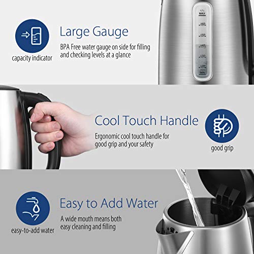 1.7L Stainless Steel Electric Kettle, 1500W Fast Boil Tea Kettle with LED