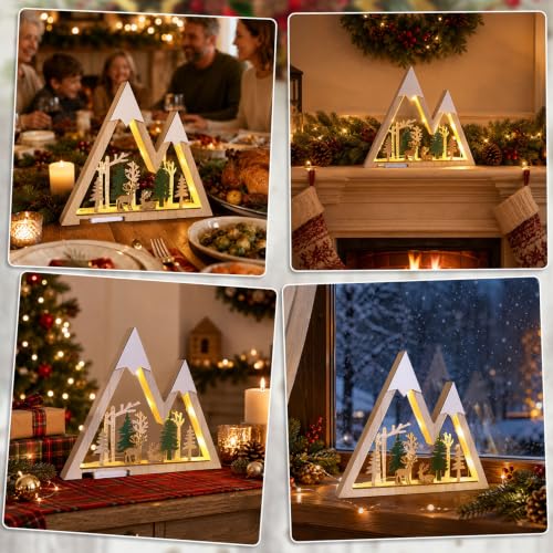 CCINEE Lighted Wooden Reindeer Table Decor – Battery-Operated Christmas Tree Scene