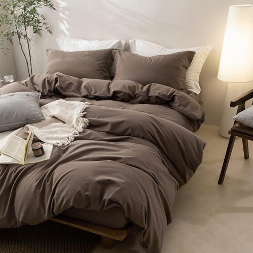 100% Washed Cotton Queen Duvet Cover Set - Light Chocolate Brown, 3 Piece