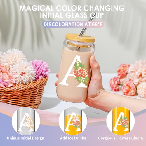 16 Oz Personalized Color-Changing Initial Glass Cup with Lid and Straw