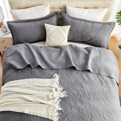 ECHODRM Oversized King Quilt Set 120x118 Dark Grey Floral Microfiber Bedding