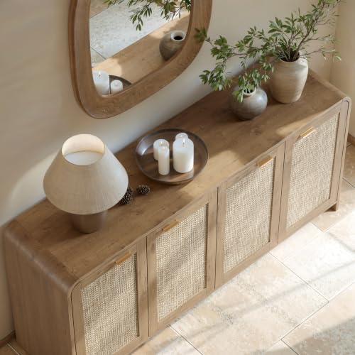 67-Inch Rattan Sideboard Buffet Cabinet, Boho Oak Storage Credenza with 4 Doors