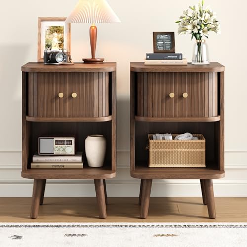 Fluted Nightstand Set of 2 with Charging Station, Walnut Bedside Tables