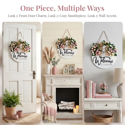 13-Inch Farmhouse Welcome Wreath with Pink Flowers for Front Door Decor