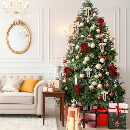 24-Pack Knitted Christmas Bows Ornaments 7in - Red Beige Green, Glitinsel
