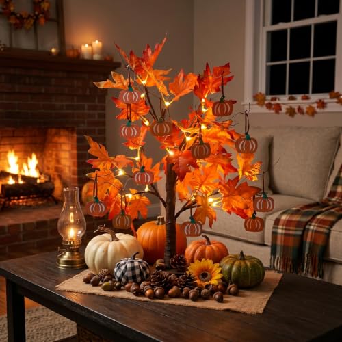 Lighted Maple Leaves Tree with Pumpkin Ornaments - 24" Fall Decor