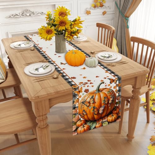Jiudungs Fall Table Runner 13x72 Inches Autumn Thanksgiving Home Decor - Black, White, Orange