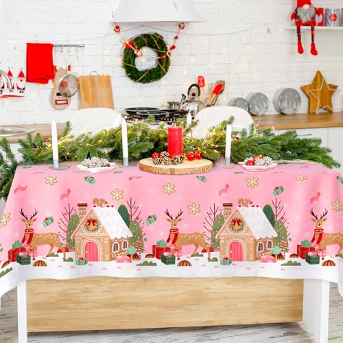 3 Pack Pink Christmas Plastic Tablecloths with Gingerbread Reindeer 54x108 Inch