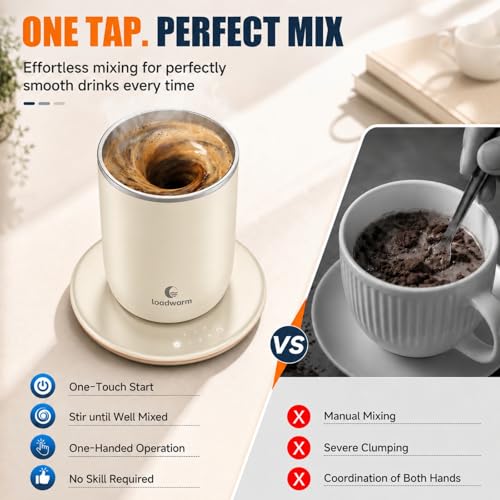 Loadwarm White Self-Heated Stirring Coffee Mug 10oz with Warmer - Auto Mixing & Temperature Control