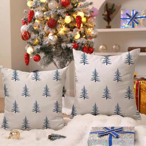 Christmas Pillow Covers 18x18 Inch Set of 2 Winter Blue Tree Decorative Throw Pillow Cases