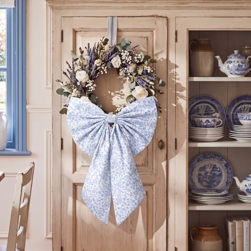 Chinoiserie Wreath Sash 24x16 Inch Floral Burlap Ribbon Bow 2 Pcs