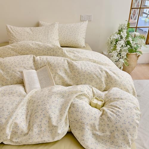 Blue Floral Twin XL Duvet Cover Set, Soft Cotton Double Gauze Bedding