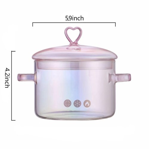 Pink Glass Saucepan with Lid and Handle, 1.5L/50oz Glass Cooking Pot, Safe for Pasta, Soup, Milk, Baby Food