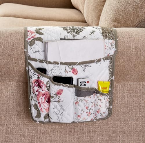 Quilted Pink Rose Toile Couch Armrest Organizer with Magazine Pocket