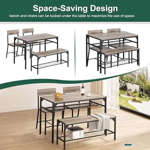 4-Piece Dining Table Set with Bench and Chairs, Oak Gray Small Space Table