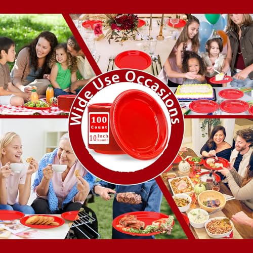 BONSINY 100 Pcs 10 Inch Red Plastic Plates – Christmas Disposable Party Dinnerware