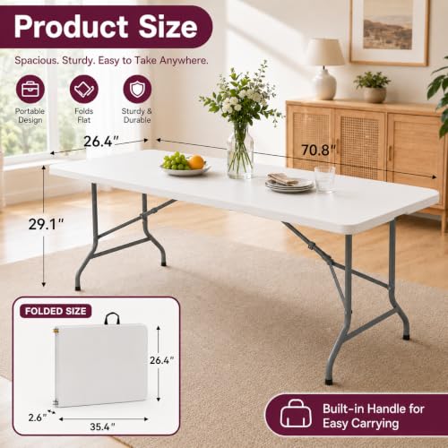 6FT Portable Folding Table, Heavy Duty Plastic Utility Table with Handle