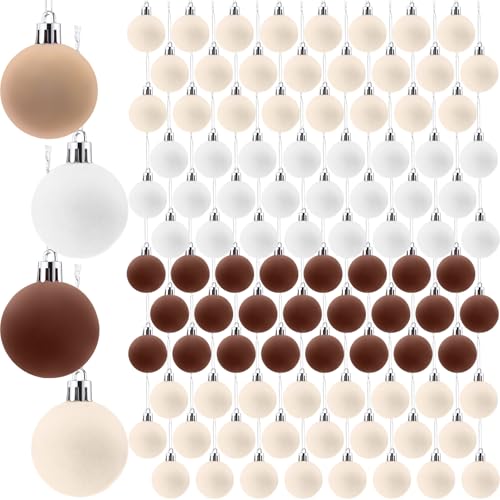 Velvet Christmas Tree Balls Bulk Set 96 Pcs - 1.57 Inch Flocked Ornaments Khaki Apricot Dark Brown White