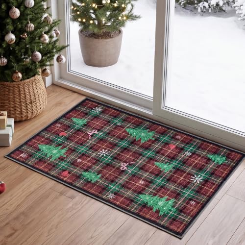 Garvee 2' x 3' Red Checkered Christmas Tree Doormat | Washable Floral Village Rug
