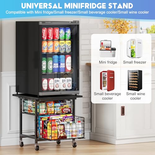 Mini Fridge Stand with 2 Drawers - Heavy Duty Mobile Refrigerator Cart