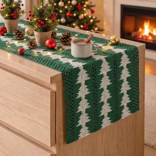 Artoid Mode 12x120 Inch Green Woven Table Runner - Beige Tree Christmas