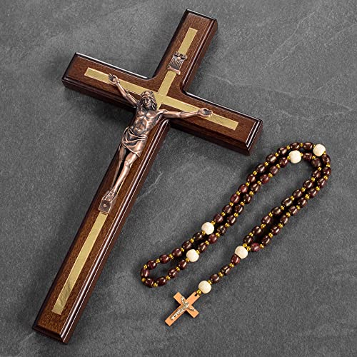 Handcrafted 12-Inch Wooden Catholic Crucifix Wall Cross with Rosary