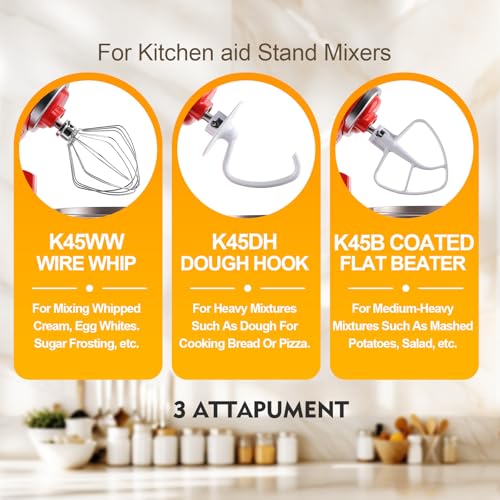 3-Piece Stand Mixer Attachment Set: Wire Whip, Dough Hook, and Flat Beater