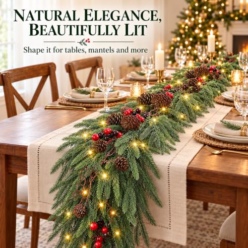 MERRI GLOW 9ft Real-Touch Norfolk Pine Garland - Pre-Lit Artificial Christmas Garland