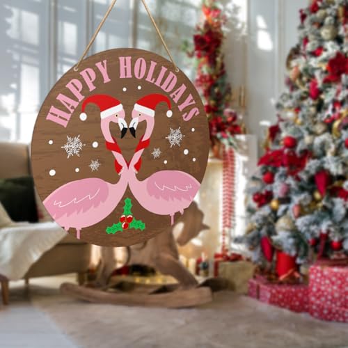 Afro Christmas Flamingo Sign for Front Door – Wooden Merry Christmas Decor (10.2 x 10.2 in) by Yousheager