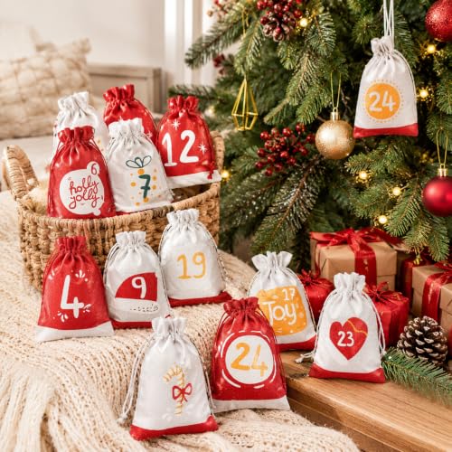Christmas Advent Calendar Gift Bags Set - 24 Reusable Burlap Countdown Bags with Clips & Rope