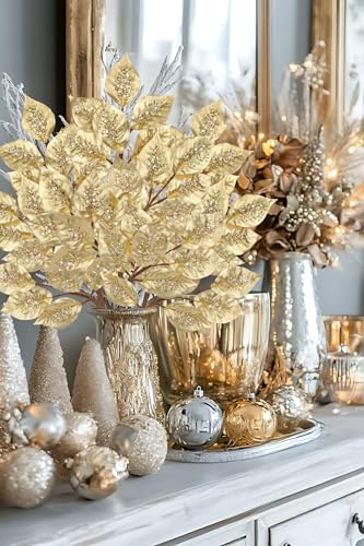 Oairse Champagne Elm Christmas Tree Picks, 31.5-Inch Gold Artificial Branches, 3 Pcs Holiday Decor