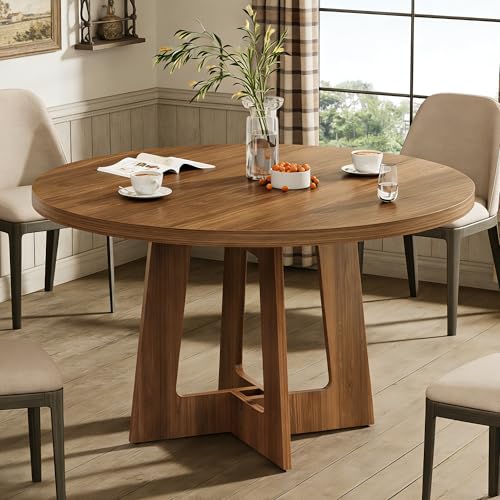 43-Inch Round Dining Table for 4, Walnut Brown Wooden Kitchen Table
