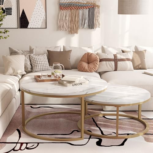Modern Round Nesting Coffee Table Set of 2, Faux Marble Top with Gold Frame