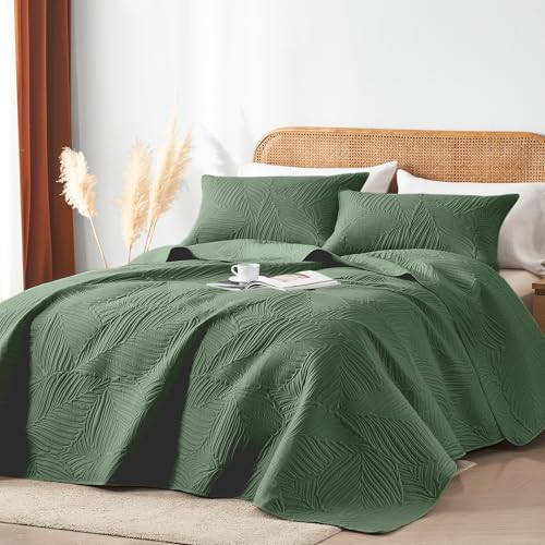 OARAGE Olive Green Queen Quilt Bedding Set - 3-Piece Microfiber Bedspread