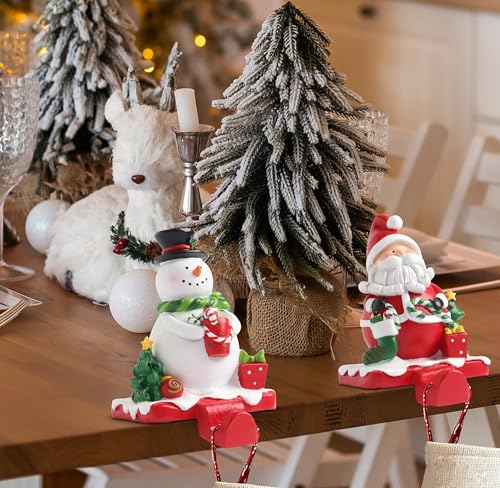 Christmas Santa & Snowman Stocking Holders Set - Holiday Mantel Hooks