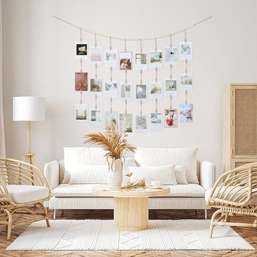 Hanging Photo Display with 28 Wood Clips, Boho Bead Garland Wall Decor