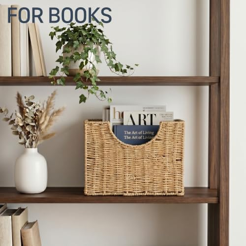 Woven Paper Rope Magazine Holder - Narrow Boho Organizer with Handle
