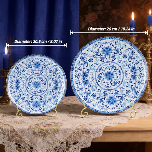 Ceramic Decorative Plate Set with Stand, Blue and White Porcelain, 8in & 10in