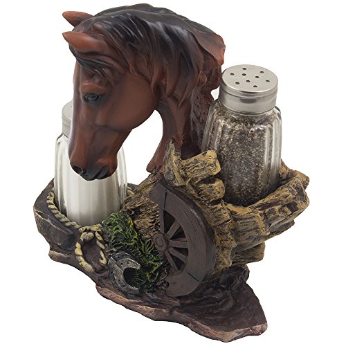 Chestnut Resin Horse Shaker Set - 3 Pieces, Glass Salt & Pepper, Western Ranch Decor