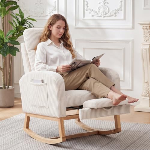 Corduroy Nursery Rocking Chair with Adjustable Footrest and Side Pocket