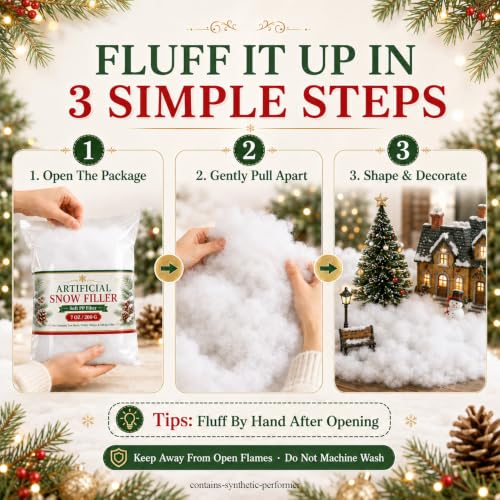 Artificial Snow Fluff 7 oz - Fluffy White Fake Snow Cotton for Christmas Decor