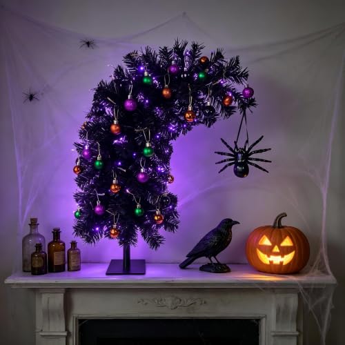 2ft Prelit Black Halloween Tinsel Tree with 35 Orange Lights, Battery-Powered