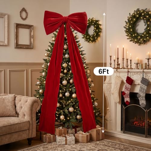 6 ft Oversized Red Velvet Christmas Bow Topper for Tree & Decor