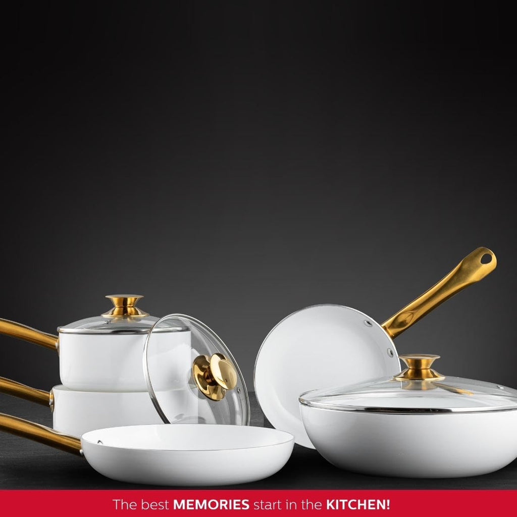 Holstein Housewares 3.5QT Ceramic Non-Stick Sauce Pan with Lid, Multipurpose Sauce Pan for Simmering & Boiling, Stainless Steel Golden Handle, Induction, Gas & Electric Compatible, White and Gold